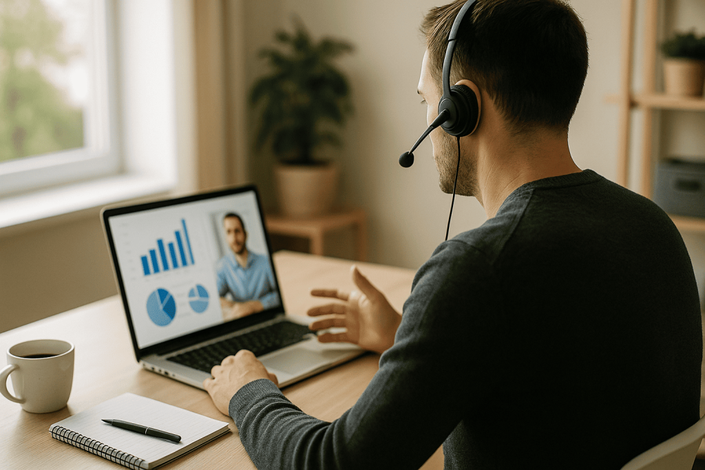 Closer de ventas mostrando gráficos y estadísticas a un cliente durante una videollamada profesional desde casa